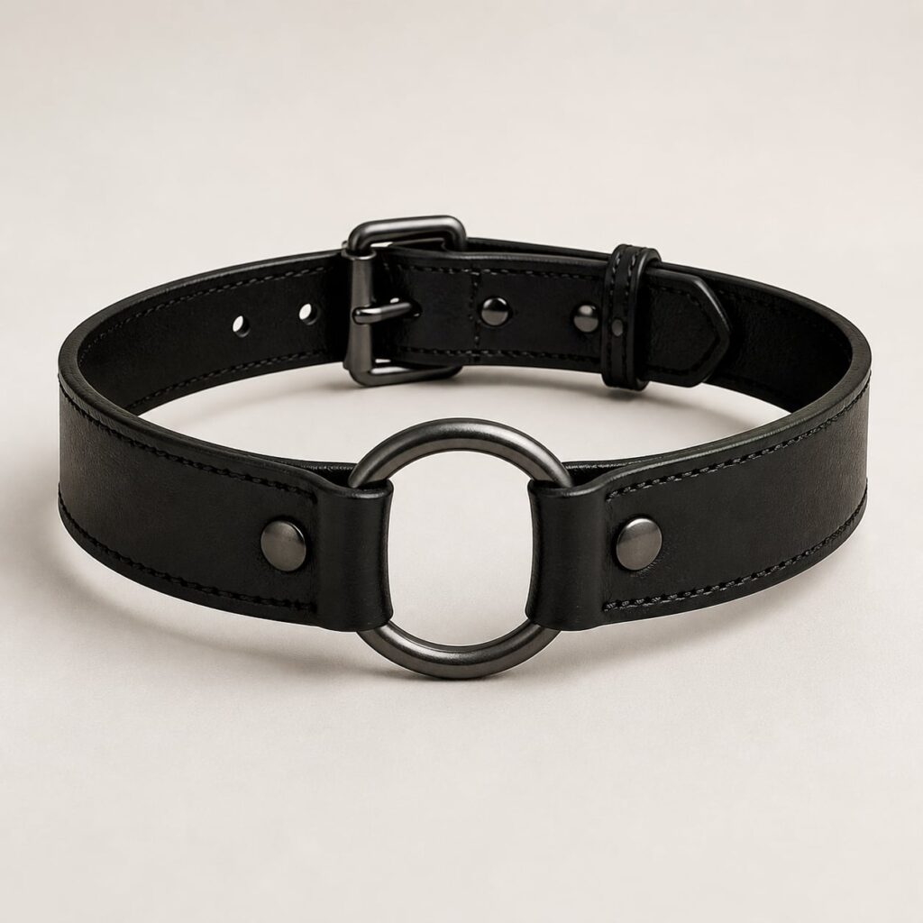 Czarny skórzany choker z metalowym O-ringiem Midnight Ring